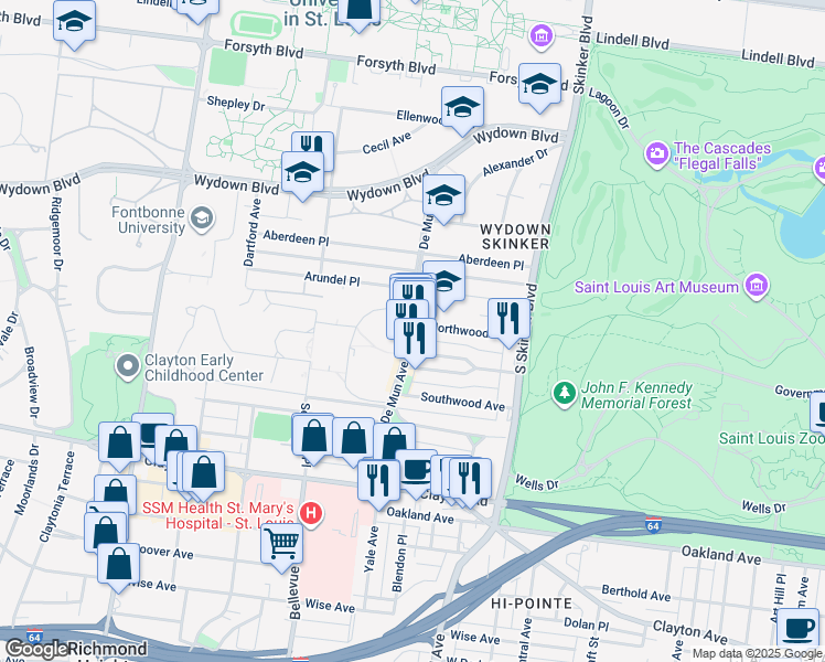 map of restaurants, bars, coffee shops, grocery stores, and more near 706 De Mun Avenue in Clayton