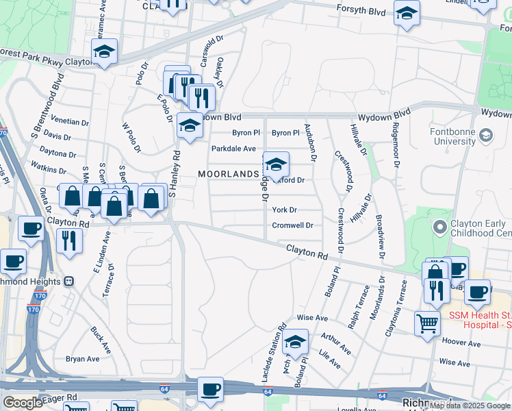 map of restaurants, bars, coffee shops, grocery stores, and more near 7501 York Drive in Clayton
