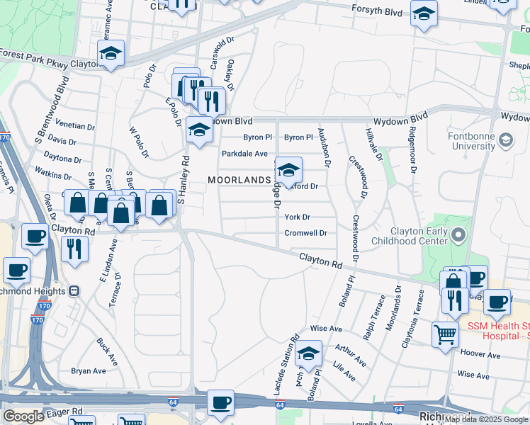 map of restaurants, bars, coffee shops, grocery stores, and more near 7501 York Drive in Clayton