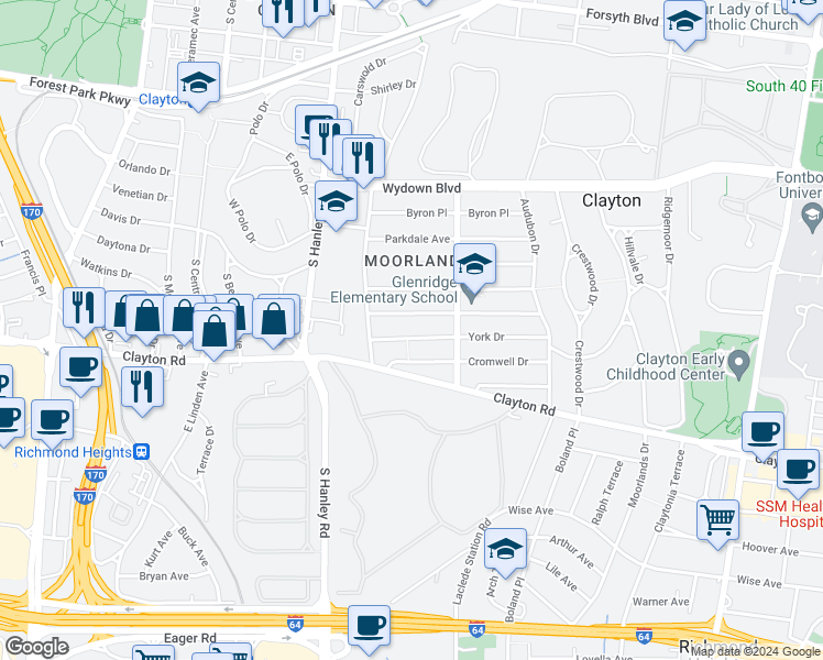map of restaurants, bars, coffee shops, grocery stores, and more near 7535 York Drive in Clayton