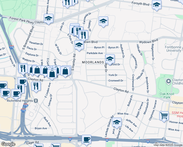 map of restaurants, bars, coffee shops, grocery stores, and more near 7571 York Drive in Clayton