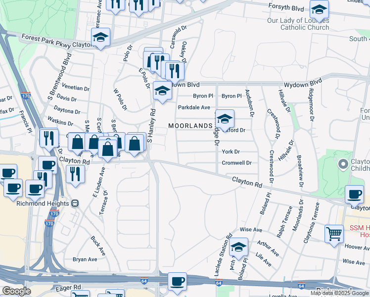 map of restaurants, bars, coffee shops, grocery stores, and more near 7571 York Drive in Clayton