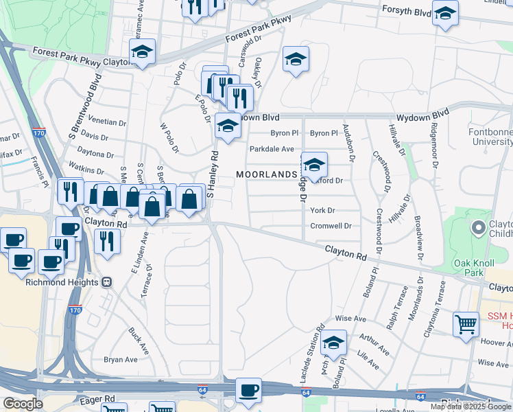 map of restaurants, bars, coffee shops, grocery stores, and more near 7571 York Drive in Clayton
