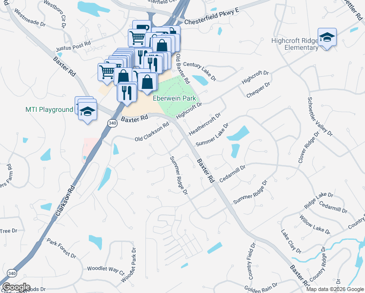 map of restaurants, bars, coffee shops, grocery stores, and more near 15706 Heathercroft Drive in Chesterfield