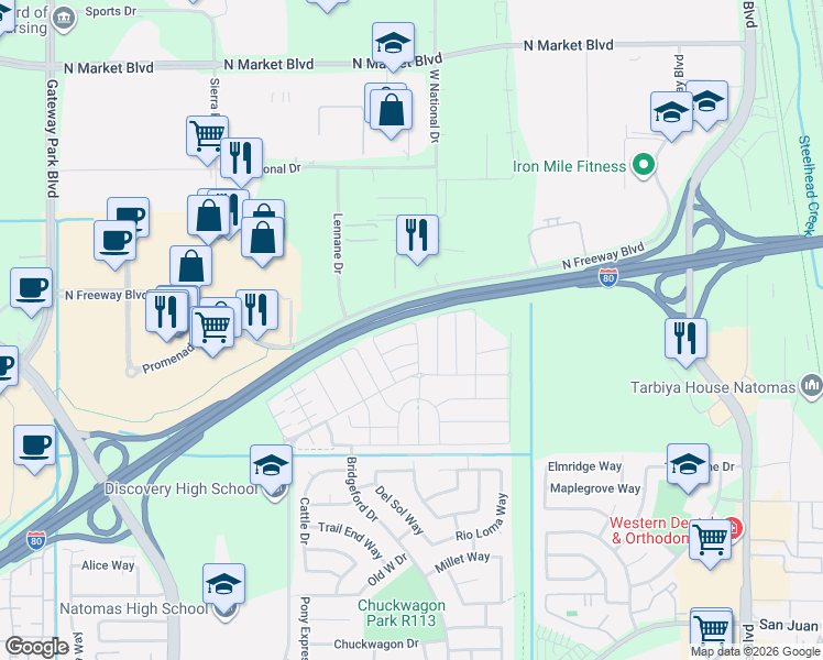 map of restaurants, bars, coffee shops, grocery stores, and more near 3811 Sunsetparke Way in Sacramento