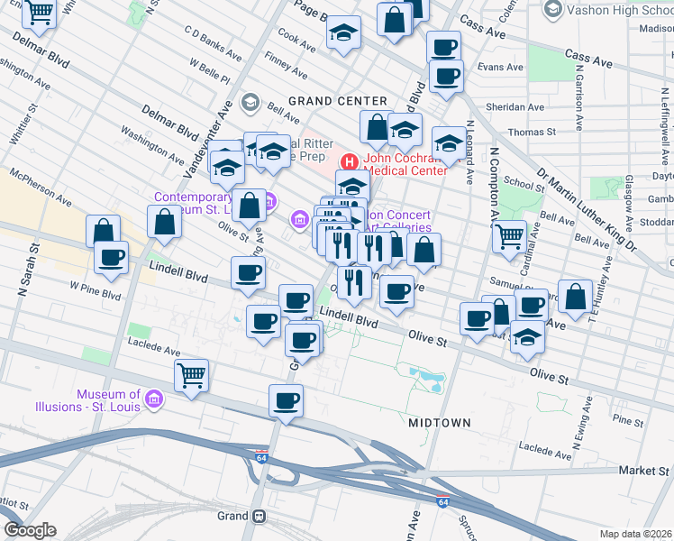 map of restaurants, bars, coffee shops, grocery stores, and more near 3534 Washington Boulevard in St. Louis