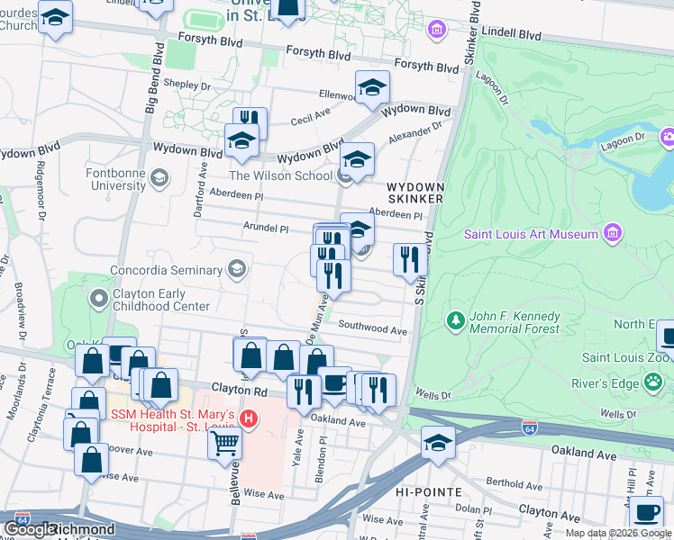 map of restaurants, bars, coffee shops, grocery stores, and more near 706 De Mun Avenue in Clayton