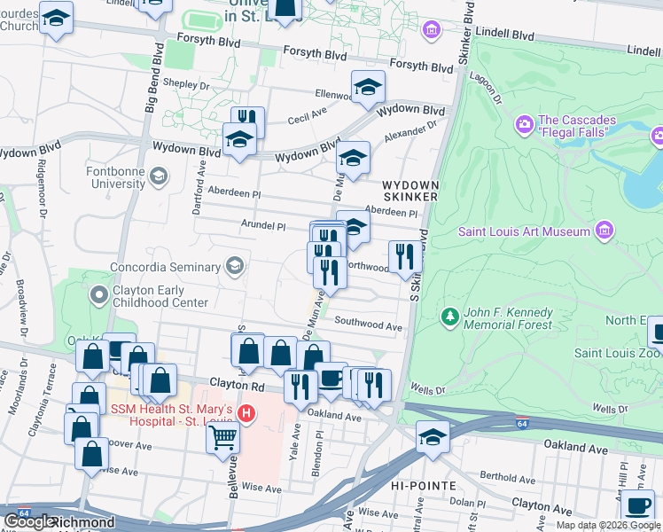 map of restaurants, bars, coffee shops, grocery stores, and more near 700 De Mun Avenue in St. Louis
