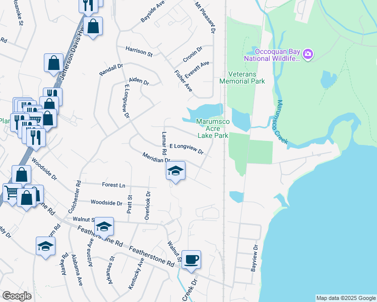 map of restaurants, bars, coffee shops, grocery stores, and more near 1216 East Longview Drive in Woodbridge