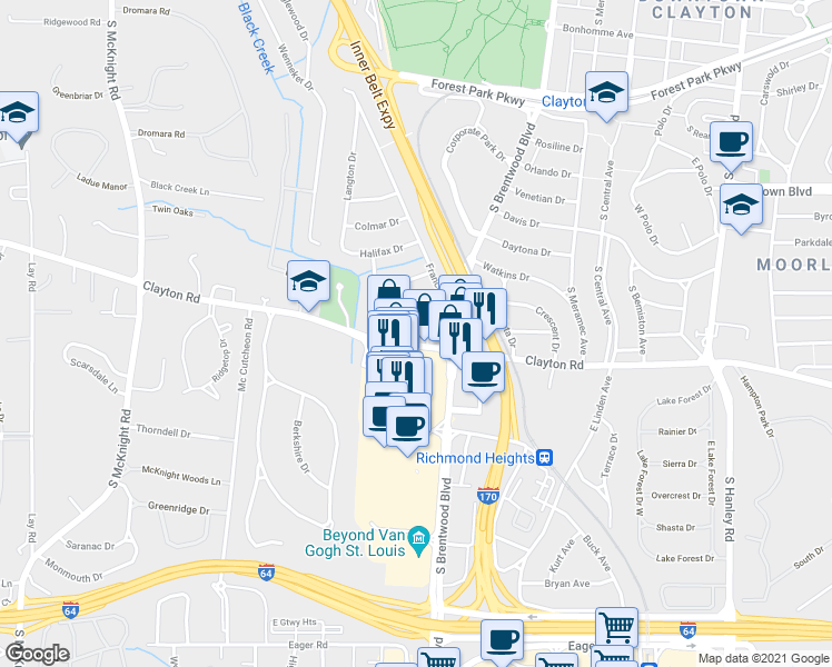 map of restaurants, bars, coffee shops, grocery stores, and more near 8151 Clayton Road in Clayton