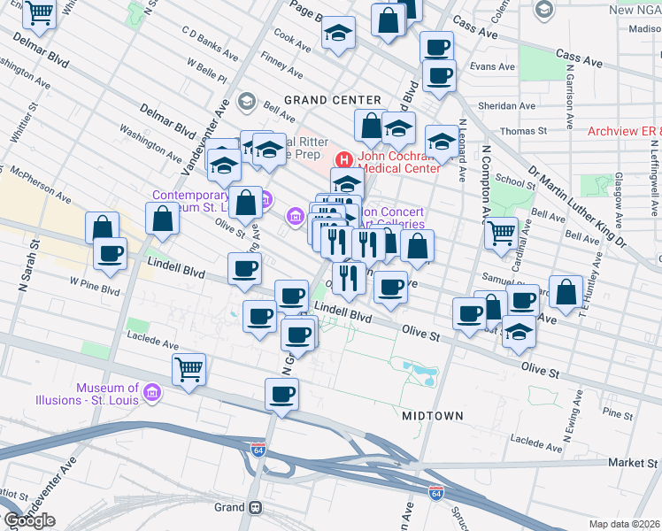 map of restaurants, bars, coffee shops, grocery stores, and more near 522 North Grand Boulevard in St. Louis