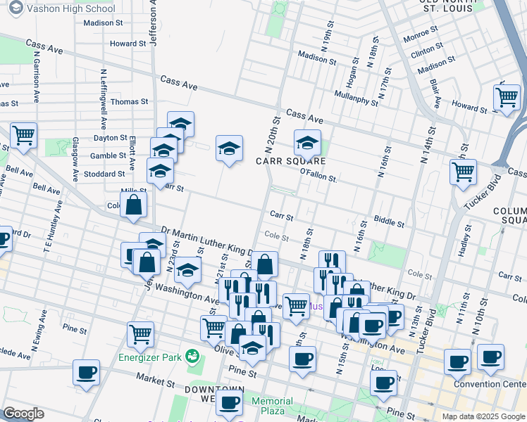 map of restaurants, bars, coffee shops, grocery stores, and more near 2000 Carr Street in St. Louis