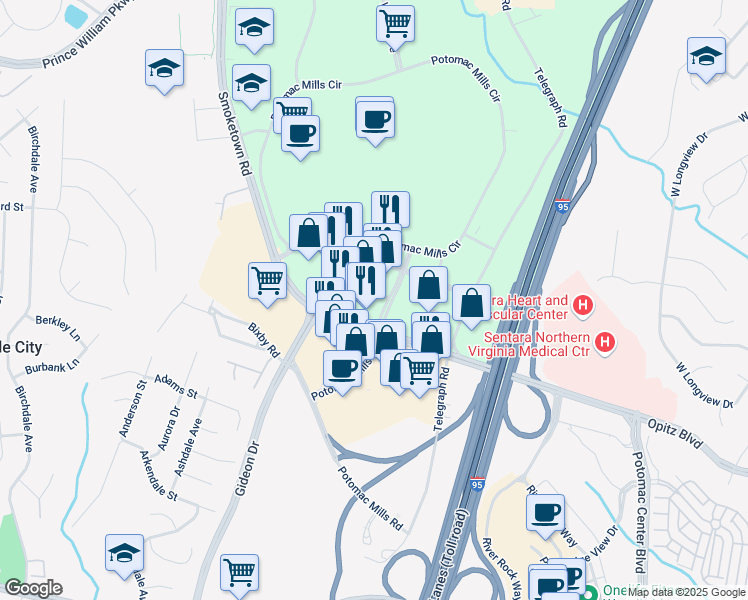 map of restaurants, bars, coffee shops, grocery stores, and more near 2780 Metro Plaza in Woodbridge