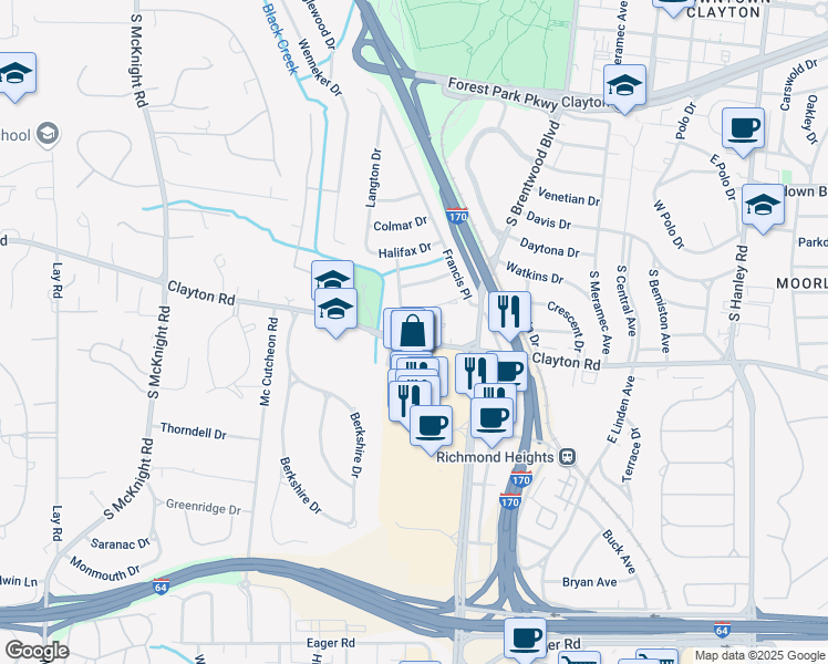 map of restaurants, bars, coffee shops, grocery stores, and more near 8211 Clayton Road in St. Louis