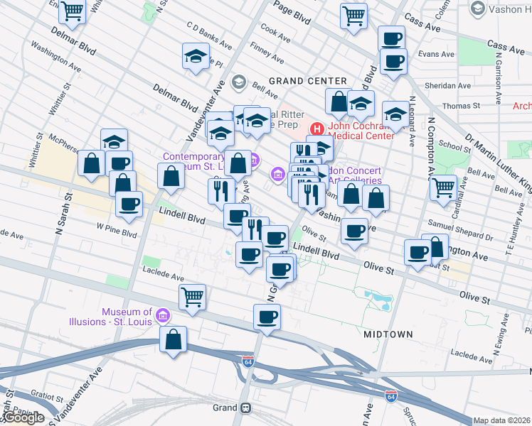 map of restaurants, bars, coffee shops, grocery stores, and more near 3610 Olive Street in St. Louis