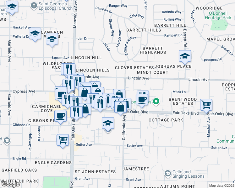 map of restaurants, bars, coffee shops, grocery stores, and more near 4053 California Avenue in Carmichael
