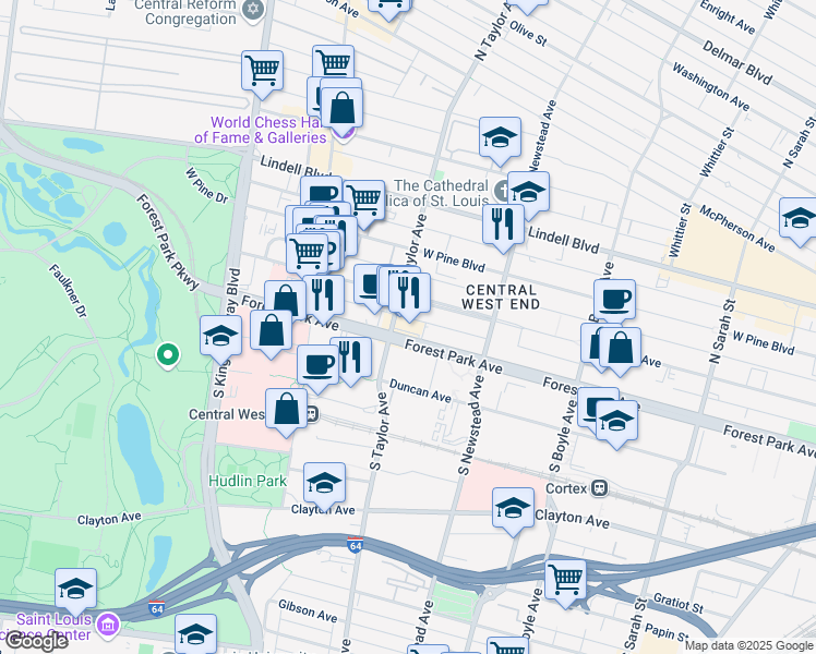 map of restaurants, bars, coffee shops, grocery stores, and more near 4471 Forest Park Avenue in St. Louis