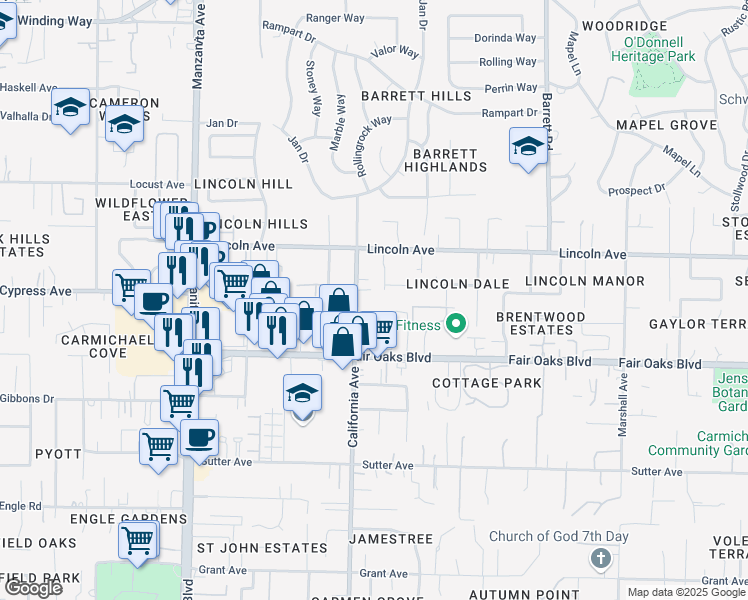 map of restaurants, bars, coffee shops, grocery stores, and more near 4102 California Ave in Carmichael
