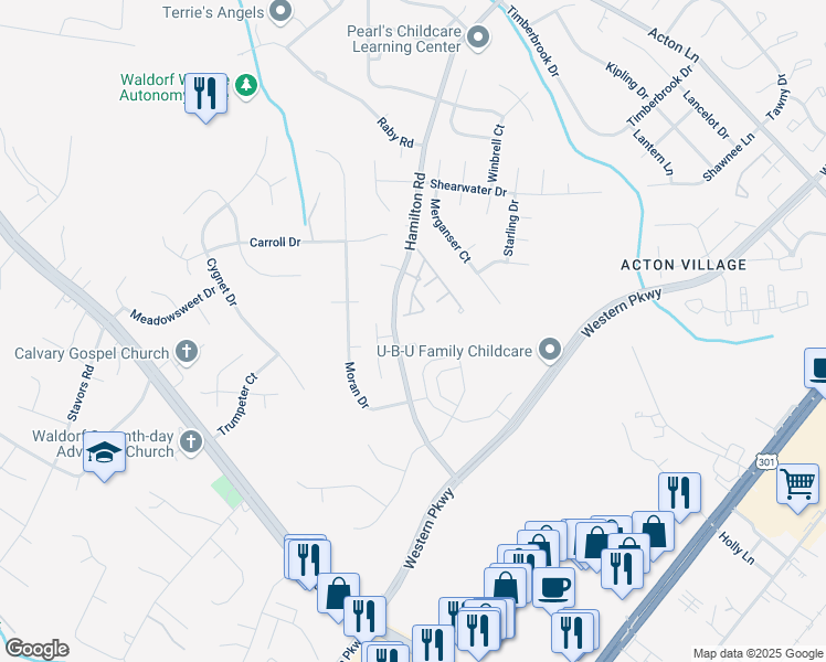 map of restaurants, bars, coffee shops, grocery stores, and more near 2670 Hamilton Road in Waldorf
