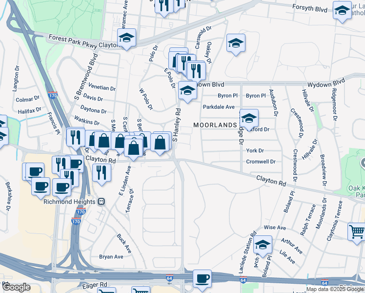 map of restaurants, bars, coffee shops, grocery stores, and more near 900 South Hanley Road in Clayton