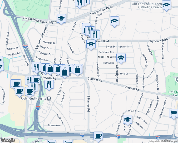 map of restaurants, bars, coffee shops, grocery stores, and more near 900 South Hanley Road in Clayton