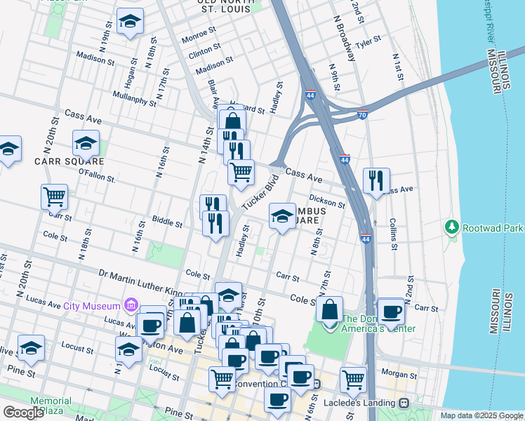 map of restaurants, bars, coffee shops, grocery stores, and more near 1300 North Tucker Boulevard in St. Louis