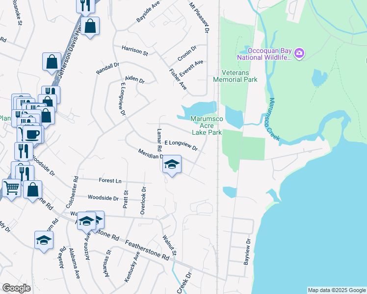 map of restaurants, bars, coffee shops, grocery stores, and more near 1216 East Longview Drive in Woodbridge