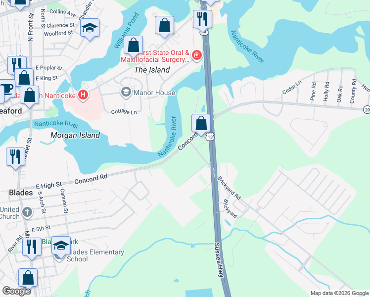 map of restaurants, bars, coffee shops, grocery stores, and more near 8744 Concord Road in Seaford
