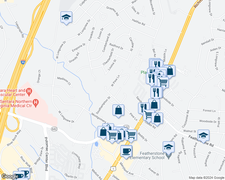 map of restaurants, bars, coffee shops, grocery stores, and more near 14409 Pine Lane in Woodbridge