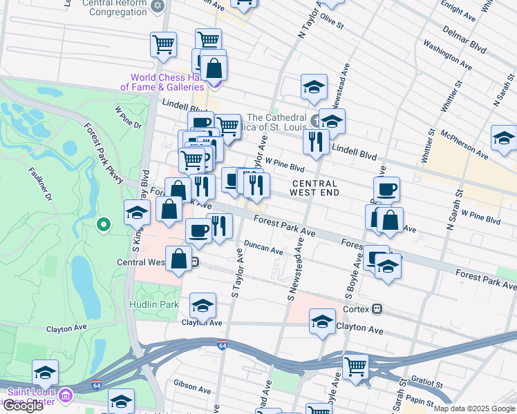 map of restaurants, bars, coffee shops, grocery stores, and more near 4471 Forest Park Avenue in St. Louis