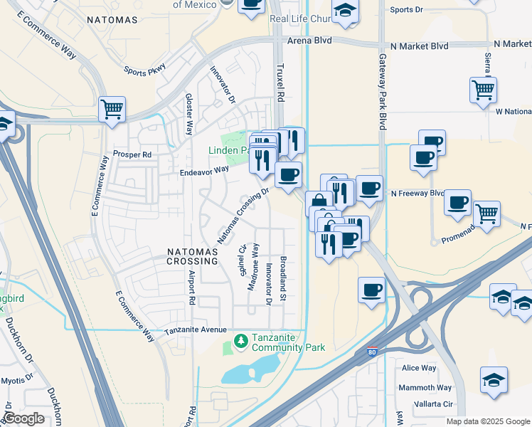 map of restaurants, bars, coffee shops, grocery stores, and more near 3860 Innovator Drive in Sacramento