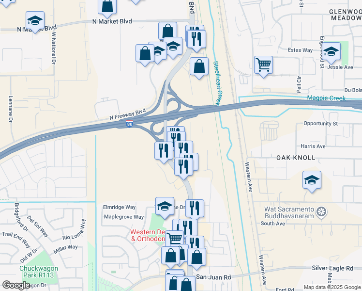 map of restaurants, bars, coffee shops, grocery stores, and more near 3825 Rosin Court in Sacramento