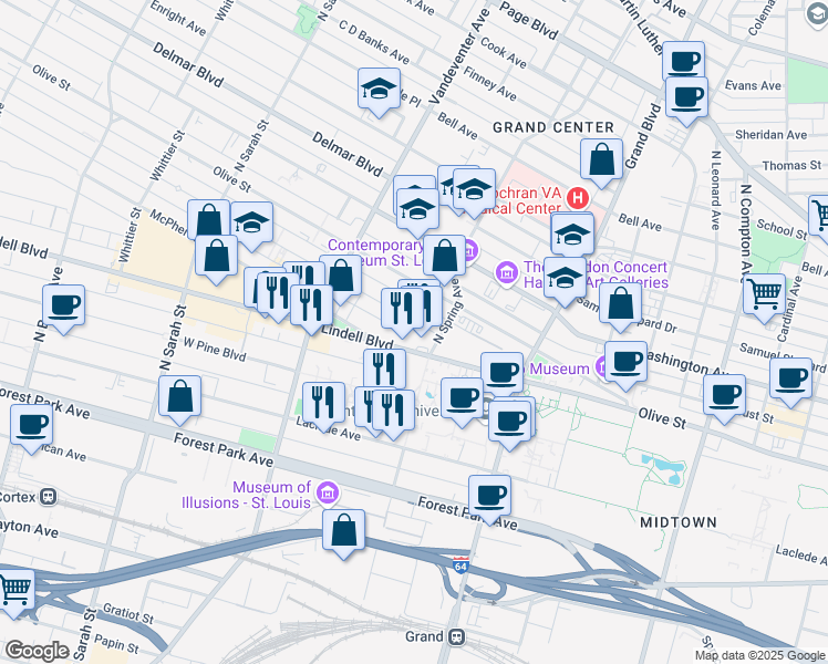 map of restaurants, bars, coffee shops, grocery stores, and more near 3701 Lindell Boulevard in St. Louis