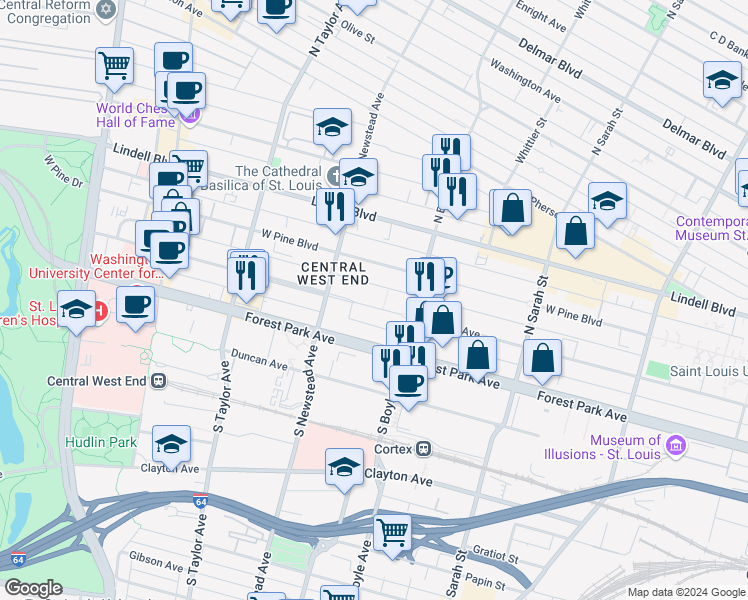 map of restaurants, bars, coffee shops, grocery stores, and more near 4358 Laclede Avenue in St. Louis