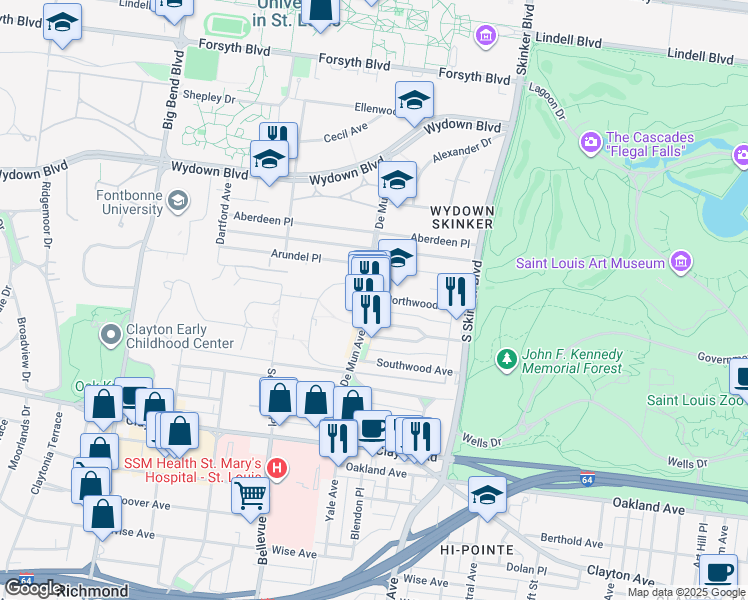 map of restaurants, bars, coffee shops, grocery stores, and more near 706 De Mun Avenue in Clayton