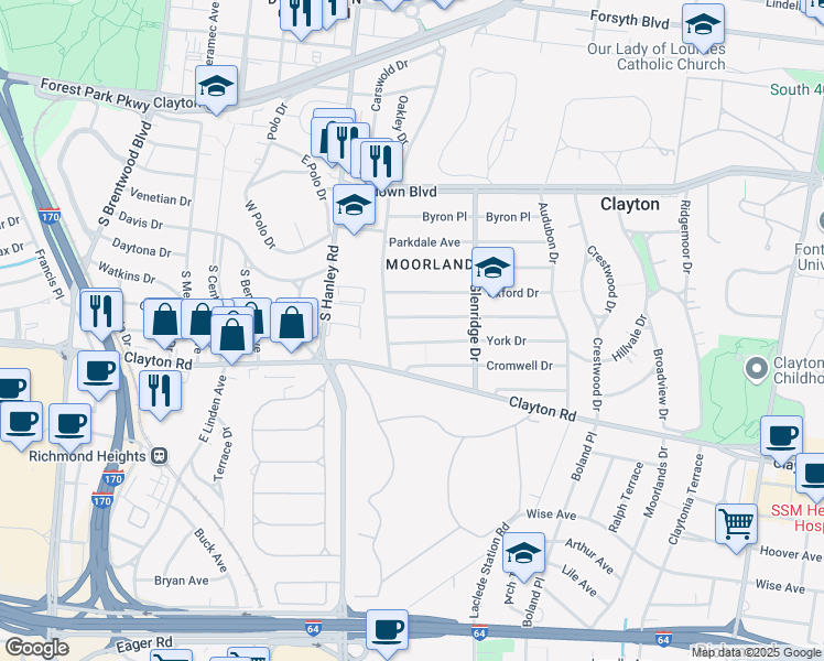 map of restaurants, bars, coffee shops, grocery stores, and more near 7535 York Drive in Clayton