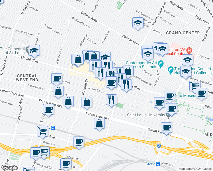 map of restaurants, bars, coffee shops, grocery stores, and more near 3950 Lindell Boulevard in St. Louis