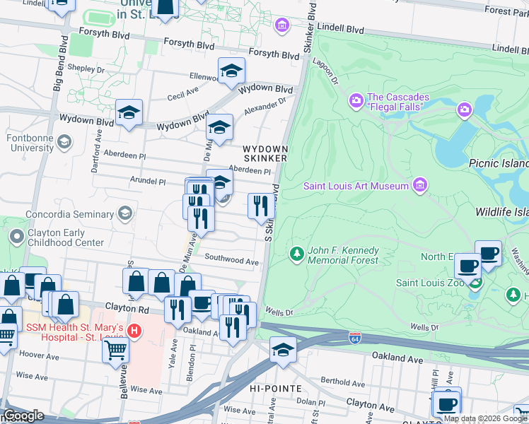 map of restaurants, bars, coffee shops, grocery stores, and more near 6227 Northwood Avenue in St. Louis