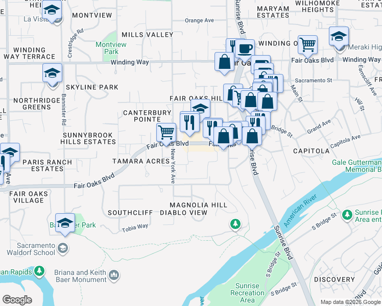 map of restaurants, bars, coffee shops, grocery stores, and more near 9800 Fair Oaks Boulevard in Fair Oaks