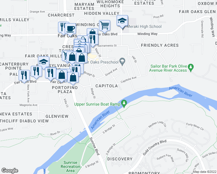 map of restaurants, bars, coffee shops, grocery stores, and more near 4001 Capitola Hills Court in Fair Oaks