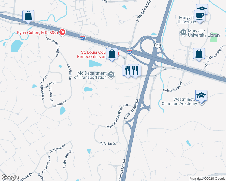 map of restaurants, bars, coffee shops, grocery stores, and more near 741 Cedar Field Court in Chesterfield