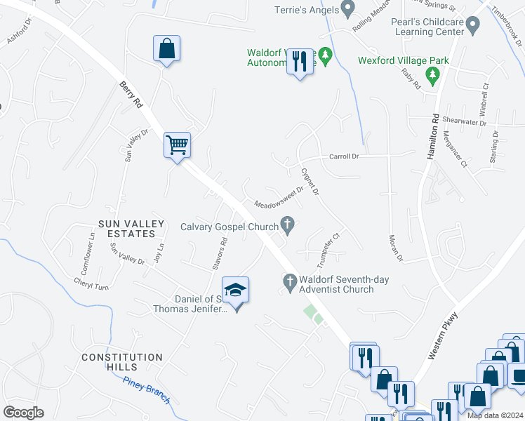 map of restaurants, bars, coffee shops, grocery stores, and more near 2620 Meadowsweet Drive in Waldorf