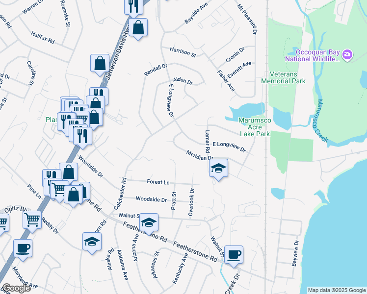 map of restaurants, bars, coffee shops, grocery stores, and more near 14413 Meridian Drive in Woodbridge