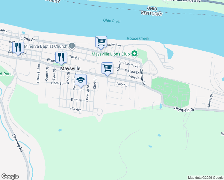 map of restaurants, bars, coffee shops, grocery stores, and more near 34 Bryant Circle in Maysville