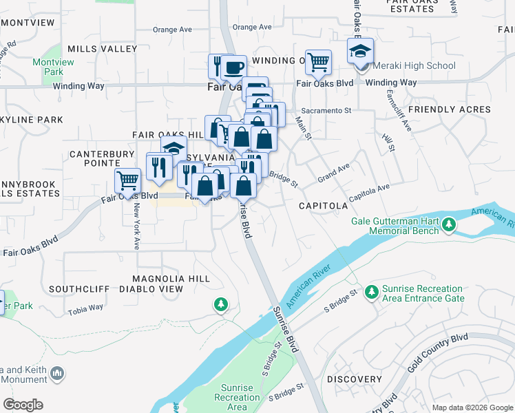 map of restaurants, bars, coffee shops, grocery stores, and more near 7966 Canyon Drive in Fair Oaks