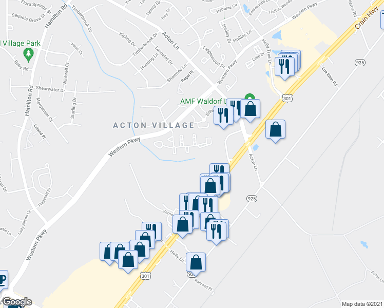 map of restaurants, bars, coffee shops, grocery stores, and more near 3290 Westdale Court in Waldorf