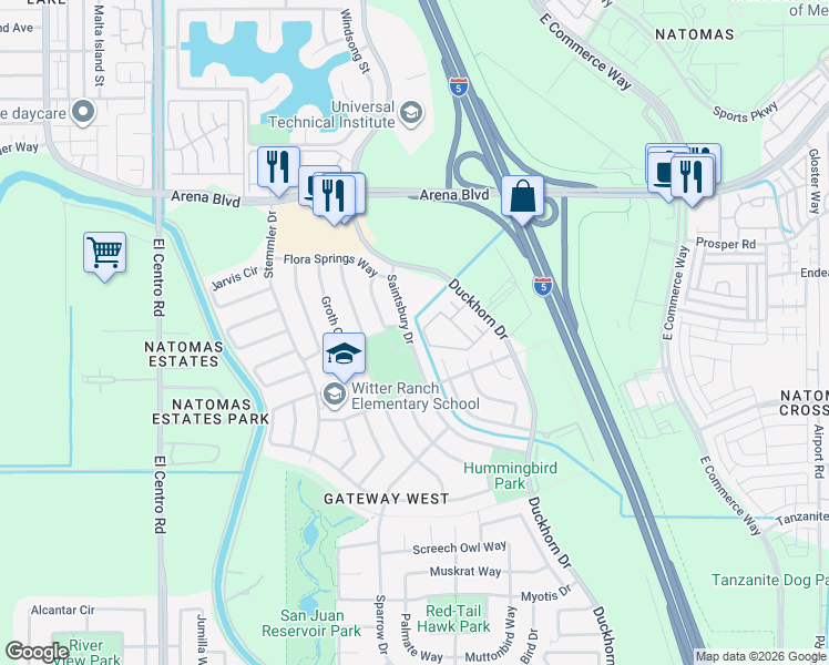 map of restaurants, bars, coffee shops, grocery stores, and more near 3814 Saintsbury Drive in Sacramento