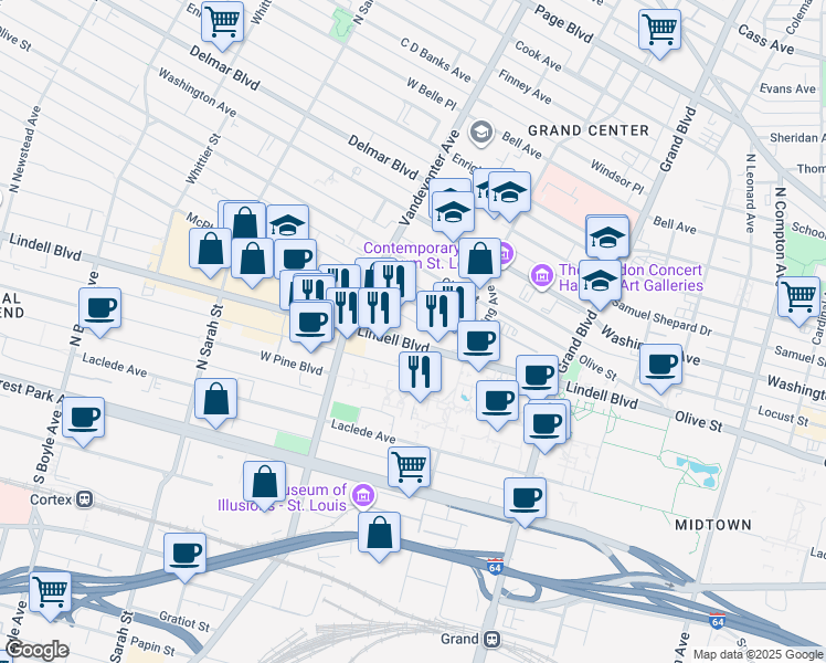 map of restaurants, bars, coffee shops, grocery stores, and more near 3801 Lindell Boulevard in St. Louis