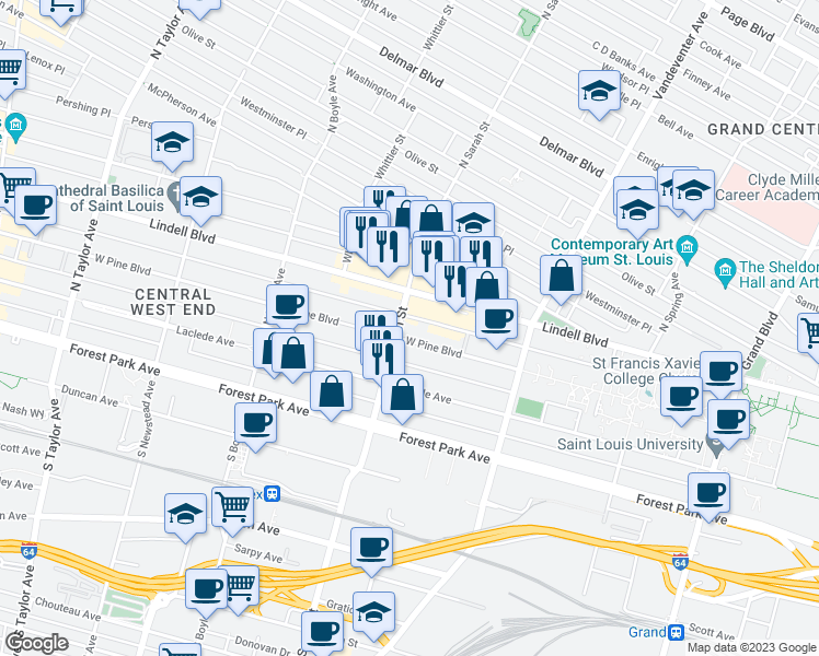 map of restaurants, bars, coffee shops, grocery stores, and more near 4065 West Pine Boulevard in St. Louis
