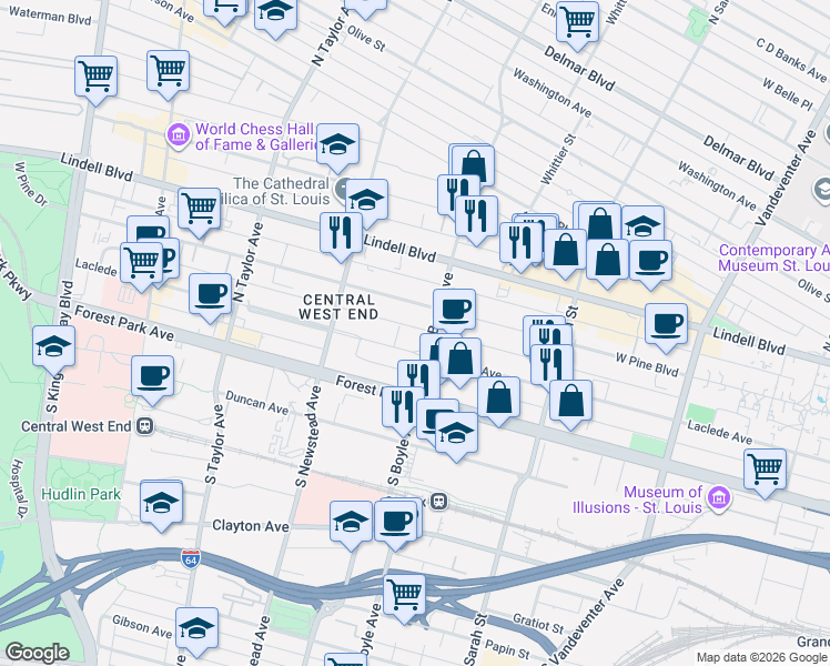 map of restaurants, bars, coffee shops, grocery stores, and more near 4303 Laclede Avenue in St. Louis